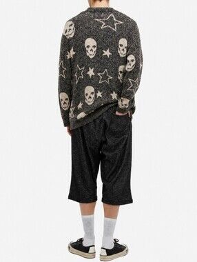HALLOWEEN Skull Stars Cardigan Sweater Open Charcoal Cream Unisex Large